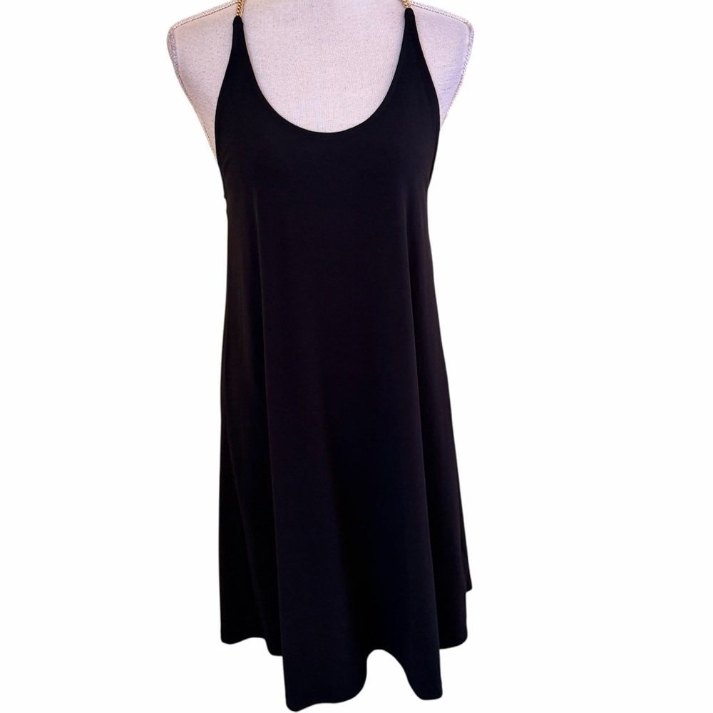 Michael Michael Kors Black Jersey Sleeveless Swing Dress with Gold Chain Detail